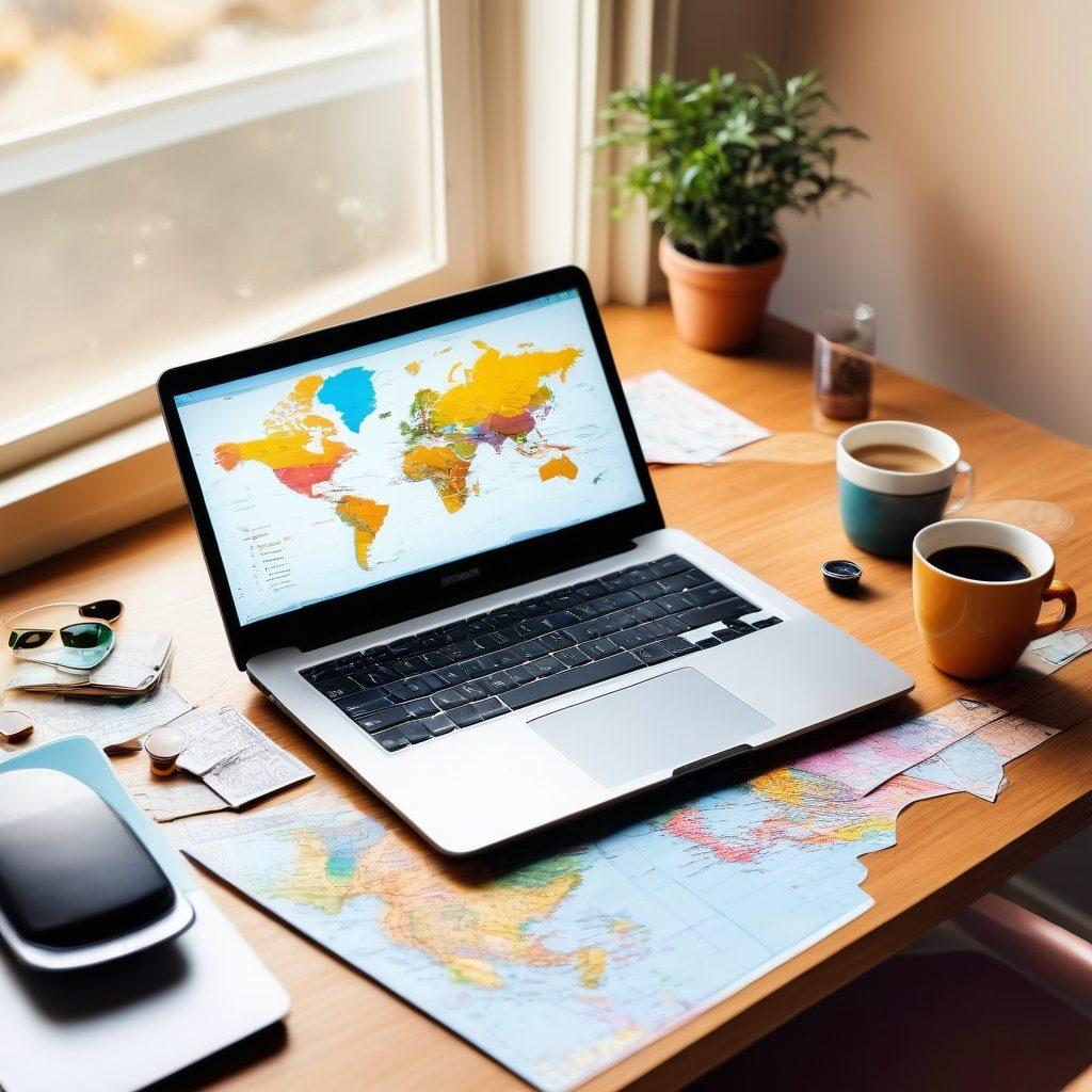 A beautifully organized flight itinerary spread across a modern desk, featuring a world map with colorful pins, a stylish laptop displaying a flight booking website, travel-related accessories like a passport, sunglasses, and a coffee cup. The warm sunlight shines through a window, casting soft shadows and creating a welcoming atmosphere. Vibrant colors, minimalist design, super-realistic.
