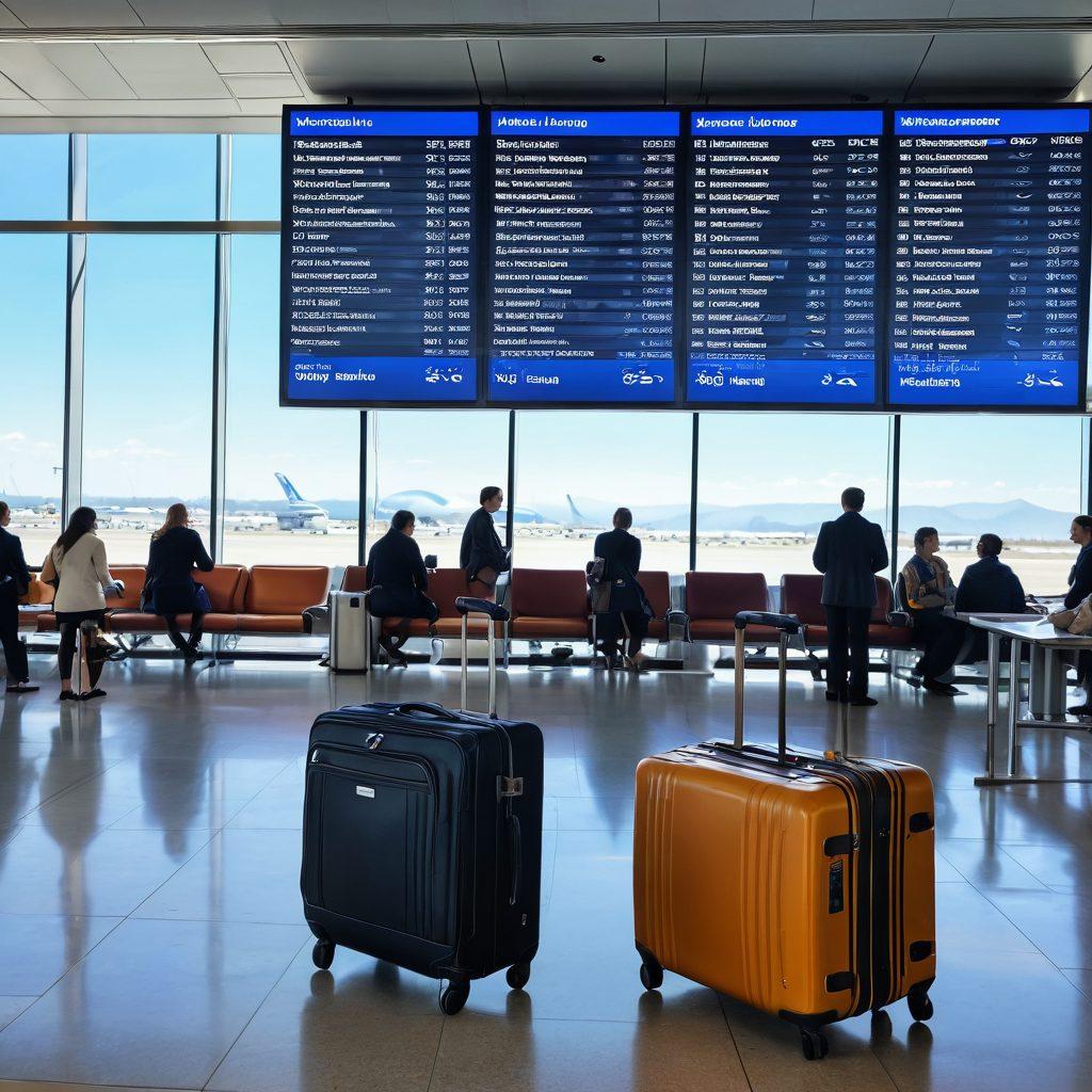 A serene scene of an airport departure lounge bustling with travelers, highlighting a large digital flight information board and people engaged in discussions about travel plans. A vintage suitcase and a modern laptop can be placed in the foreground to represent the fusion of traditional and modern travel planning. Bright blue skies visible through panoramic windows in the background, symbolizing freedom and adventure. lively atmosphere. super-realistic. vibrant colors.