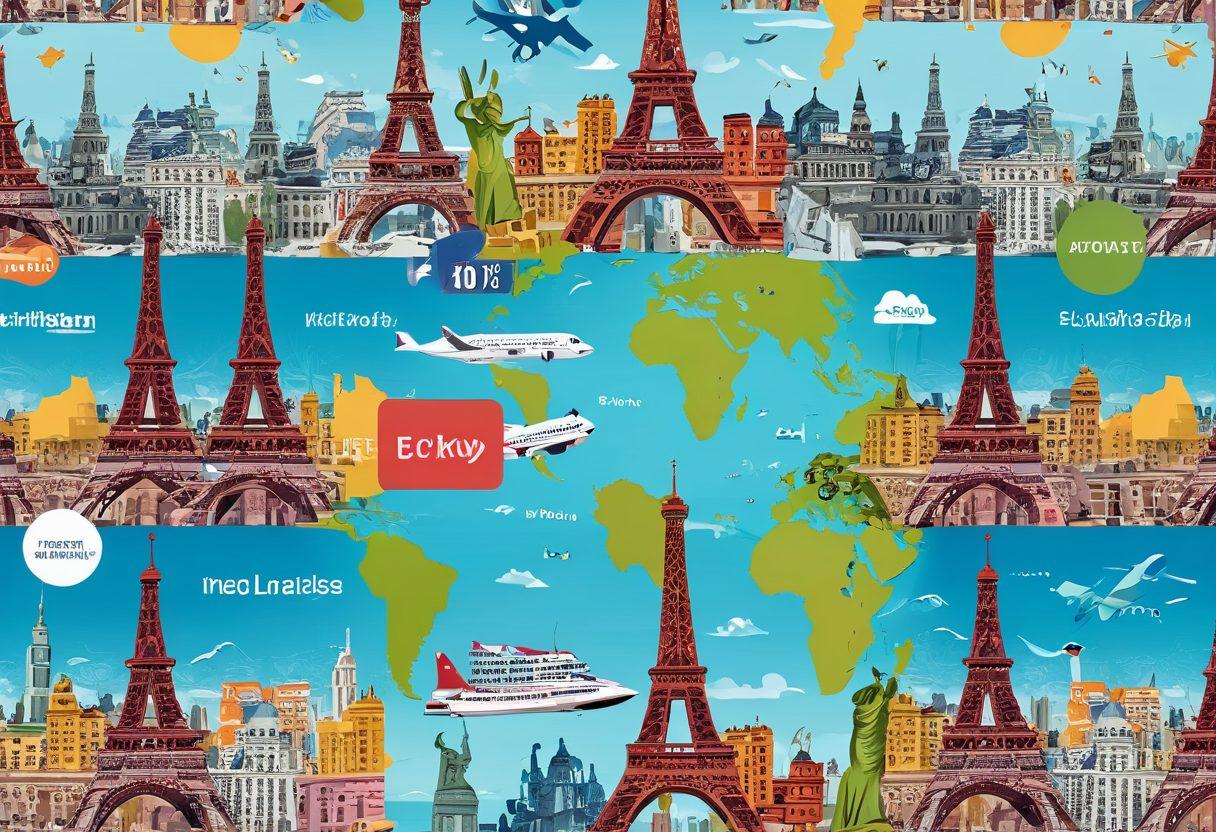 A vibrant collage showcasing various booking platforms and travel apps on smartphones, with a backdrop of iconic landmarks around the world like the Eiffel Tower, Statue of Liberty, and Great Wall of China. Include elements like a globe, airplane tickets, and price tags to represent the concept of finding the best airfare. Bright, engaging colors for a modern and tech-savvy feel. vector art. dynamic composition.
